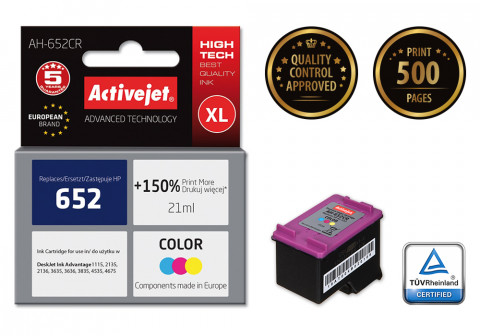 Activejet AH-652CR Tusz do drukarki HP, Zamiennik HP 652 F6V24AE; Premium; 21 ml; kolor. Drukuje więcej o 150%. - Galeria zdjęcie 2