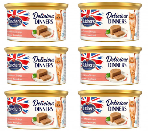 BUTCHER'S Delicious Dinners Cat - mokra karma dla kota z łososiem i krewetkami w formie musu - puszka 6x85g - Galeria zdjęcie 1