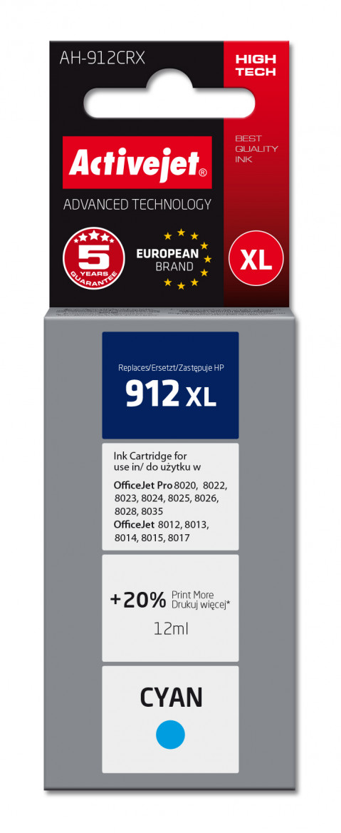Activejet AH-912CRX Tusz do drukarek HP, Zamiennik HP 912XL 3YL81AE; Premium; 990 stron; błękitny - Galeria zdjęcie 1