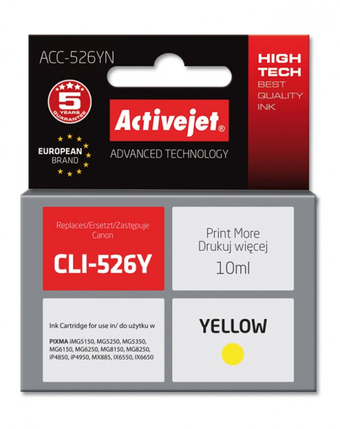 Activejet ACC-526YN Tusz do drukarki Canon, Zamiennik Canon CLI-526Y; Supreme; 10 ml; żółty. - Galeria zdjęcie 1