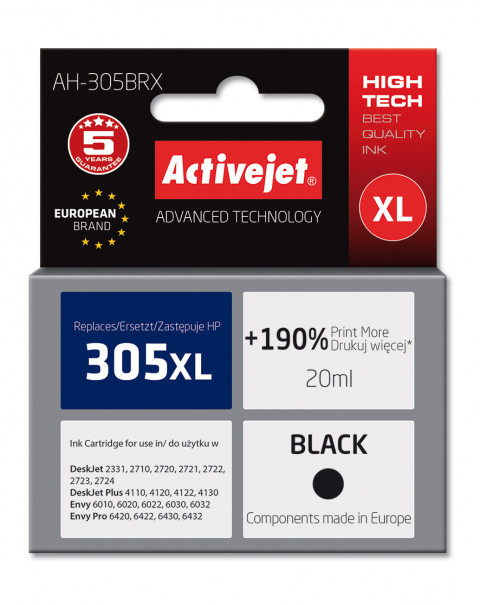 Activejet AH-305BRX Tusz do drukarki HP; Zamiennik HP 305XL 3YM62AE; Premium; 20 ml; czarny - Galeria zdjęcie 1