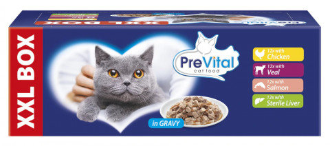 PREVITAL - Z kurczakiem, cielęciną, łososiem i wątróbką w sosie - karma dla kota 48x100g - Galeria zdjęcie 1