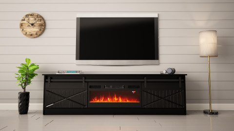 Szafka RTV GRANERO+kominek 200x56,7x35 czarny/czarny poł - Galeria zdjęcie 3