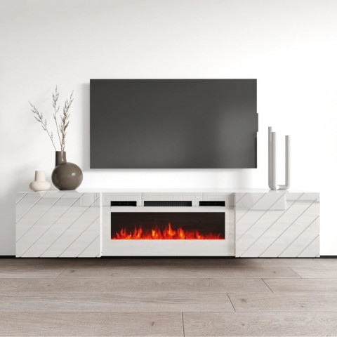 Szafka RTV LUXE 182,6x34,5x37,5 biały/biały połysk + biały kominek - Galeria zdjęcie 4