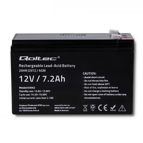 QOLTEC AKUMULATOR AGM 12V | 7.2AH | MAX 108A - Galeria zdjęcie 2