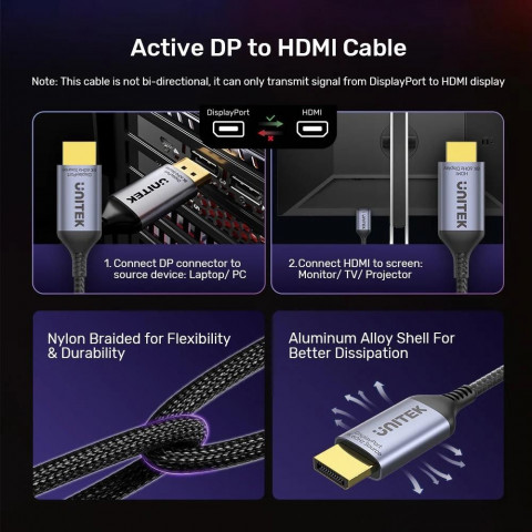 UNITEK KABEL DISPLAYPORT 1.4 DO HDMI 2.1, 8K, 1,8M - Galeria zdjęcie 4