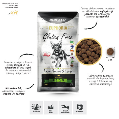 BIOFEED Euphoria Gluten Free Junior medium & large Jagnięcina - sucha karma dla psa - 2 kg - Galeria zdjęcie 3