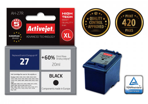 Activejet AH-27R Tusz do drukarki HP, Zamiennik HP 27 C8727A; Premium; 20 ml; czarny. Drukuje więcej o 60%. - Galeria zdjęcie 2