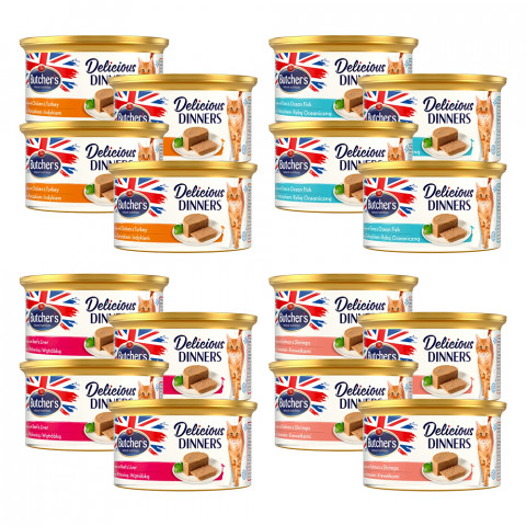 BUTCHER'S Delicious Dinners Cat MIX SMAKÓW - mokra karma dla kota w formie musu - puszka 16x85g - Galeria zdjęcie 1