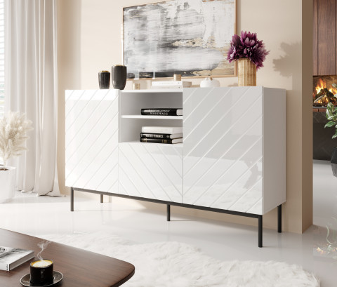 Komoda ABETO na czarnym stelażu ze stali 150x42x90 biały/biały połysk - Galeria zdjęcie 1