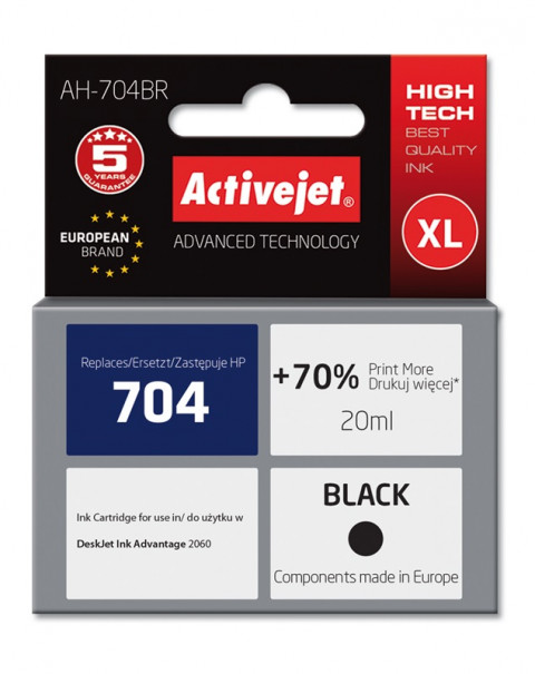 Activejet AH-704BR Tusz do drukarki HP, Zamiennik HP 704 CN692AE; Premium; 20 ml; czarny. Drukuje więcej o 70%. - Galeria zdjęcie 1
