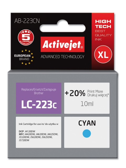 Activejet AB-223CN Tusz do drukarki Brother, Zamiennik Brother LC223C; Supreme; 10 ml; błękitny. Drukuje więcej o 20%. - Galeria zdjęcie 1
