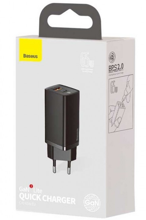 BASEUS ŁADOWARKA SIECIOWA USB + USB-C (CZARNA) - Galeria zdjęcie 1