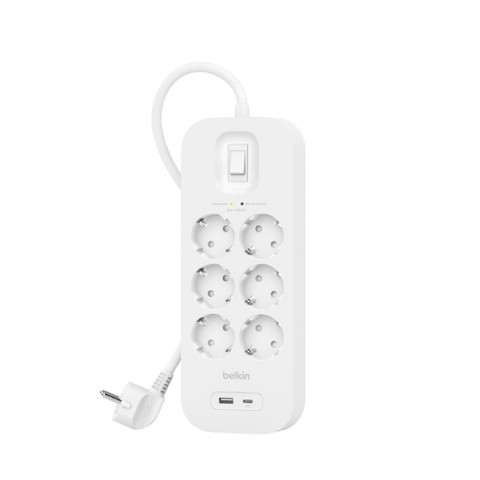 Listwa zasilająca Belkin Power Surge 6-PORT + 1xUSB-A +1xUSB-C 2.4A PD 650J 2m White Schuko - Galeria zdjęcie 1