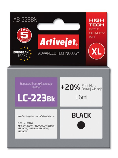 Activejet AB-223BN Tusz do drukarki Brother, Zamiennik Brother LC223BK; Supreme; 16 ml; czarny. Drukuje więcej o 20%. - Galeria zdjęcie 1
