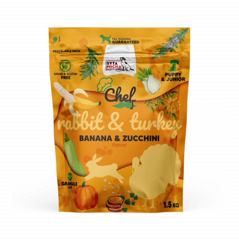 SYTA MICHA Chef Puppy Królik, indyk, banan i cukinia - sucha karma dla psa - 1,5 kg - Galeria zdjęcie 1