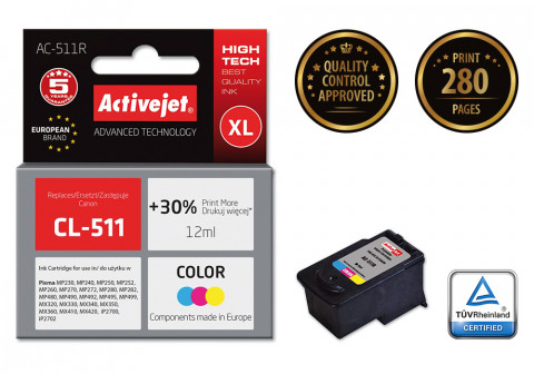 Activejet AC-511R Tusz do drukarki Canon, Zamiennik Canon CL-511; Premium; 12 ml; kolor. Drukuje więcej o 30%. - Galeria zdjęcie 2