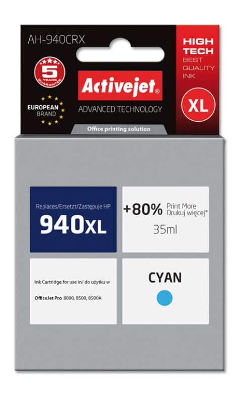 Activejet AH-940CRX Tusz do drukarki HP, Zamiennik HP 940XL C4907AE; Premium; 35 ml; błękitny. Drukuje więcej o 80%. - Galeria zdjęcie 1