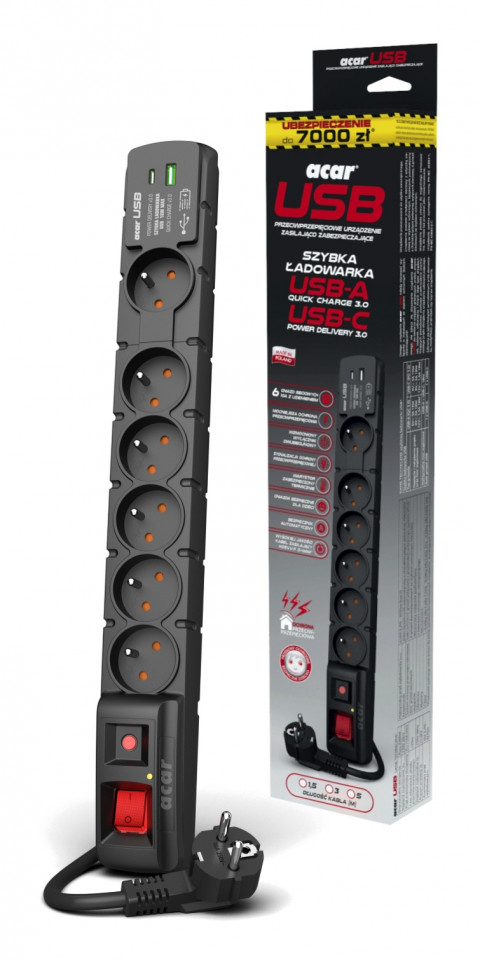 Listwa przeciwprzepięciowa Acar S6 USB A+C (szybka ładowarka) 1,5m ; czarny - Galeria zdjęcie 2