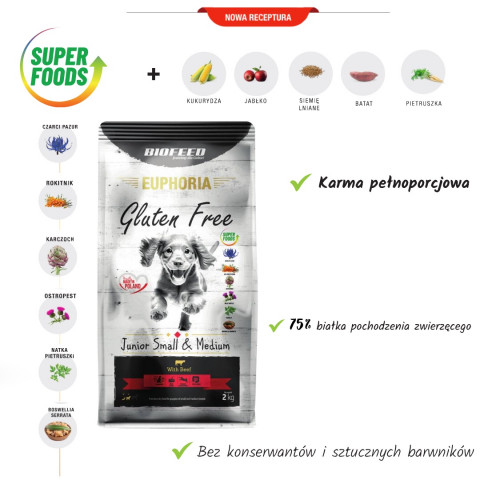 BIOFEED Euphoria Gluten Free Junior small & medium Wołowina - sucha karma dla psa - 12 kg - Galeria zdjęcie 2