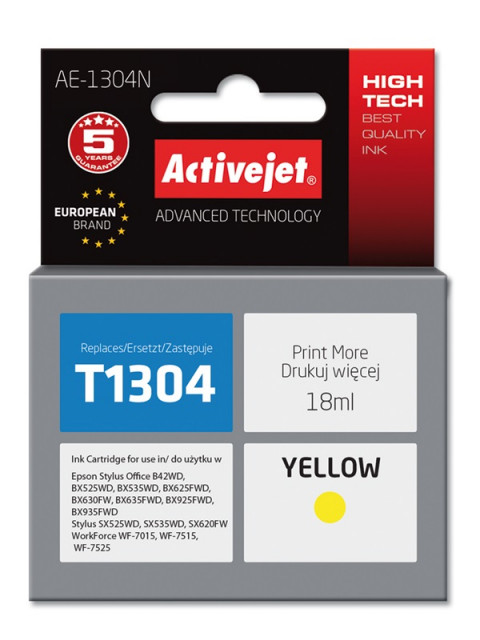 Activejet AE-1304N Tusz do drukarki Epson, Zamiennik Epson T1304; Supreme; 18 ml; żółty. - Galeria zdjęcie 1
