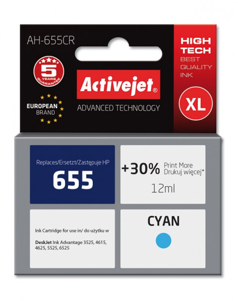 Activejet AH-655CR Tusz do drukarki HP, Zamiennik HP 655 CZ110AE; Premium; 12 ml; błękitny. Drukuje więcej o 30%. - Galeria zdjęcie 1