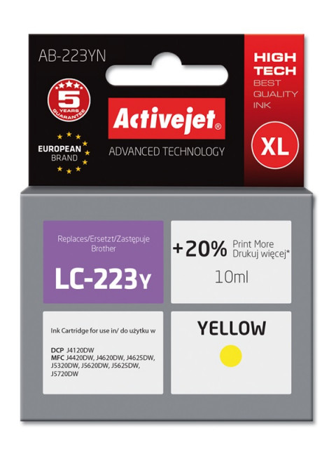 Activejet AB-223YN Tusz do drukarki Brother, Zamiennik Brother LC223Y; Supreme; 10 ml; żółty. Drukuje więcej o 20%. - Galeria zdjęcie 1