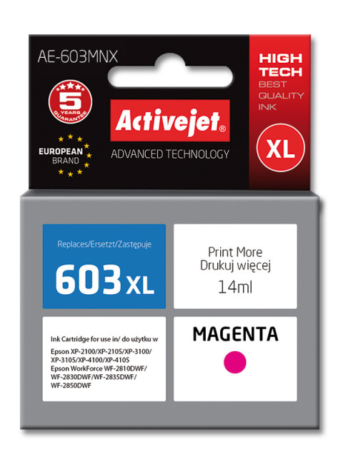 Activejet AE-603MNX Tusz do drukarki Epson, Zamiennik Epson 603XL T03A34; Supreme; 14 ml; purpurowy. - Galeria zdjęcie 1