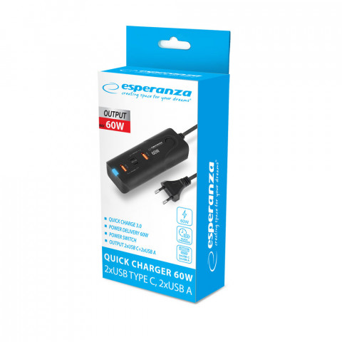 ESPERANZA ŁADOWARKA SIECIOWA 60W USB-C/USB-A EZC10 - Galeria zdjęcie 2