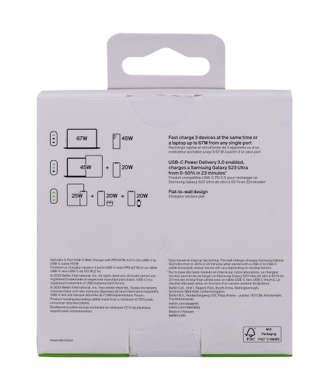 Ładowarka Belkin BoostCharge 3 Port USB-C PD 3.1 PPS Wall Charger 67W + USB-C to USB-C Cable 2m White - Galeria zdjęcie 5