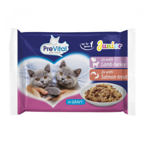 PREVITAL JUNIOR - Z jagnięciną, indykiem, łososiem, pstrągiem w sosie - Pełnoporcjowa karma dla kotów - 4x100g - Galeria zdjęcie 1