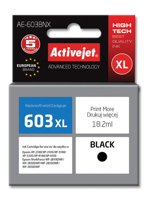 Activejet AE-603BNX Tusz do drukarki Epson, Zamiennik Epson 603XL T03A14; Supreme; 18,2 ml; czarny. - Galeria zdjęcie 1