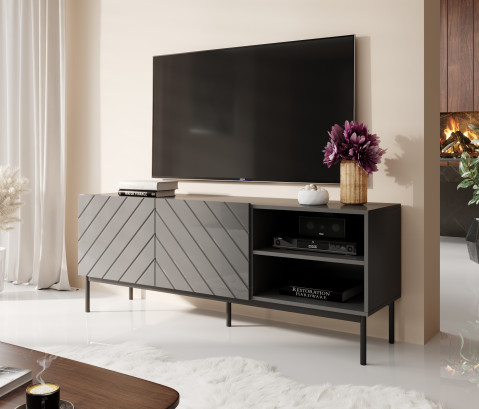 Szafka RTV ABETO na czarnym stelażu ze stali 150x42x60 grafit/grafit połysk - Galeria zdjęcie 2