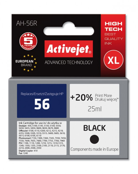 Activejet AH-56R Tusz do drukarki HP, Zamiennik HP 56 C6656A; Premium; 25 ml; czarny. Drukuje więcej o 20%. - Galeria zdjęcie 1