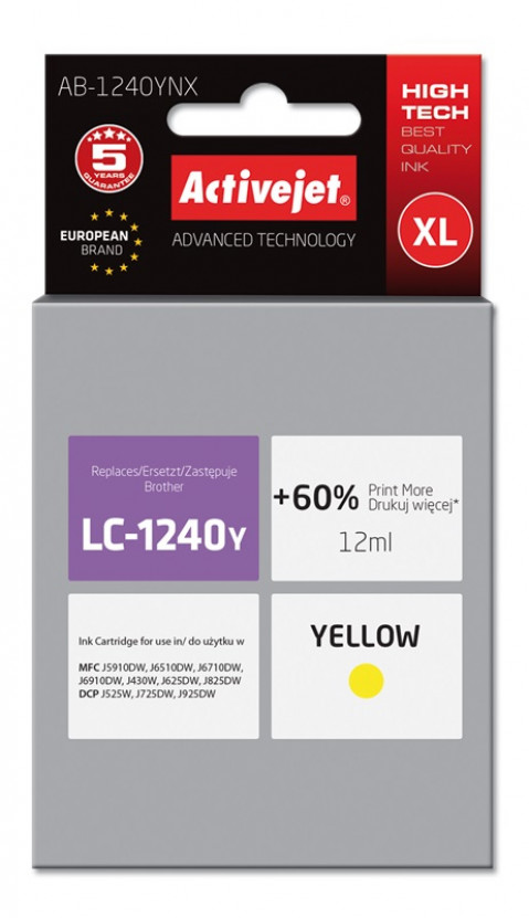 Activejet AB-1240YNX Tusz do drukarki Brother, Zamiennik Brother LC1240Y/1220Y; Supreme; 12 ml; żółty. Drukuje więcej o 60%. - Galeria zdjęcie 1