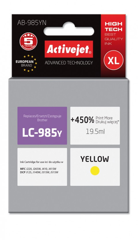Activejet AB-985YN Tusz do drukarki Brother, Zamiennik Brother LC985Y; Supreme; 19,5 ml; żółty. Drukuje więcej o 450%. - Galeria zdjęcie 1