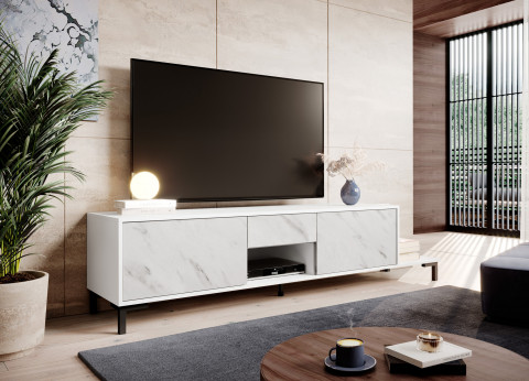 Szafka RTV MARMO 2D1S1K 195x40xH47,5 biały mat/marmur biały - Galeria zdjęcie 3
