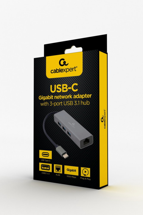 GEMBIRD ADAPTER USB-C -> LAN RJ-45 HUB 3X USB 3.1 - Galeria zdjęcie 2