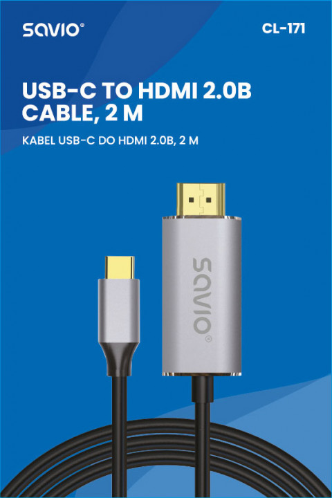 SAVIO KABEL USB-C DO HDMI 2.0B, 2M, SREBRNO-CZARNY - Galeria zdjęcie 2