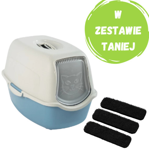 ROTHO Bailey Biało-niebieska - zakryta kuweta dla kota + filtr węglowy 3szt. - Galeria zdjęcie 1