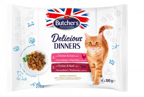 BUTCHER'S Delicious Dinners Kurczak z Wątróbką, Kurczak z Wołowiną - mokra karma dla kota - 4 x 100 g - Galeria zdjęcie 1