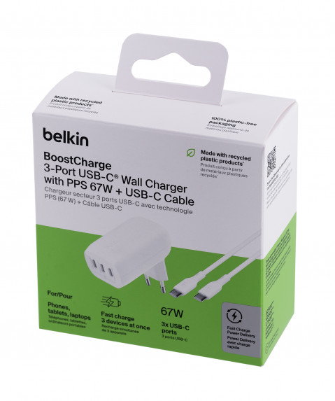 Ładowarka Belkin BoostCharge 3 Port USB-C PD 3.1 PPS Wall Charger 67W + USB-C to USB-C Cable 2m White - Galeria zdjęcie 8
