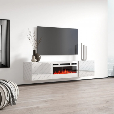 Szafka RTV LUXE 182,6x34,5x37,5 biały/biały połysk + biały kominek - Galeria zdjęcie 2