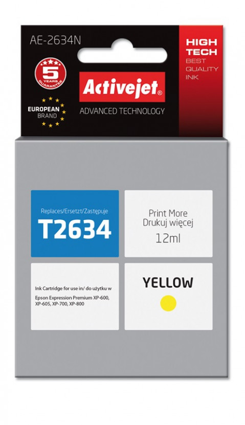 Activejet AE-2634N Tusz do drukarki Epson, Zamiennik Epson 26 T2634; Supreme; 12 ml; żółty. - Galeria zdjęcie 1