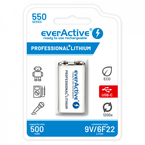 EVERACTIVE AKUMULATOREK 6F22/9V LI-ION EVHR22-550C - Galeria zdjęcie 1