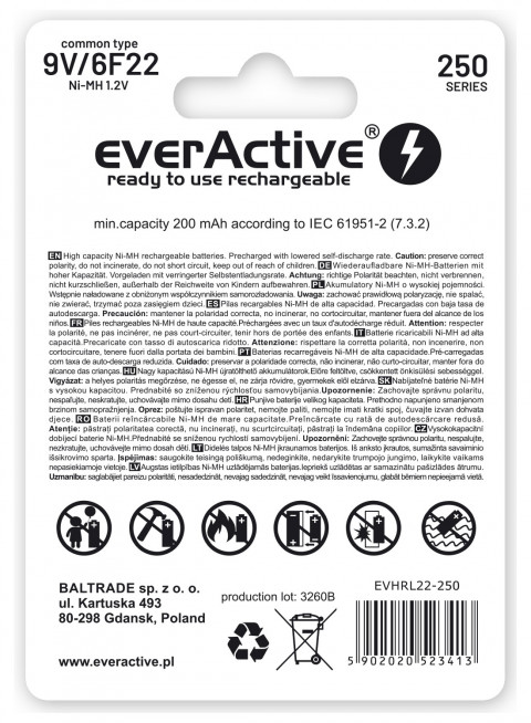 EVERACTIVE AKUMULATORKI 6F22 250MAH EVHRL22-250 - Galeria zdjęcie 2