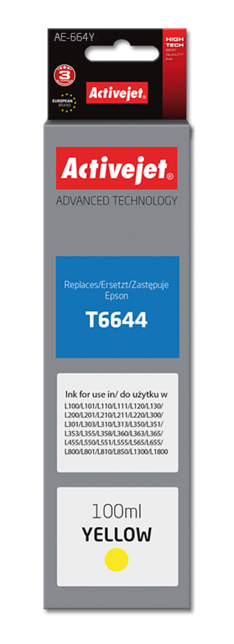 Activejet AE-664Y Tusz do drukarki Epson, Zamiennik Epson T6644; Supreme; 100 ml; żółty. - Galeria zdjęcie 1