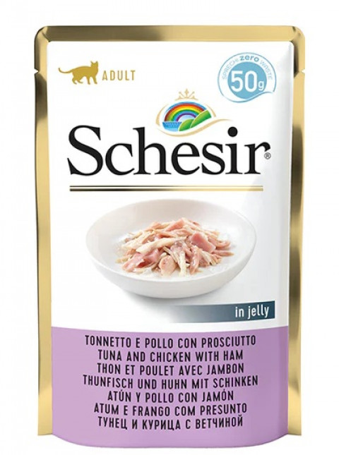 SCHESIR dla kotów Single Dish Tuńczyk z Kurczakiem i Szynką 50g - Galeria zdjęcie 1