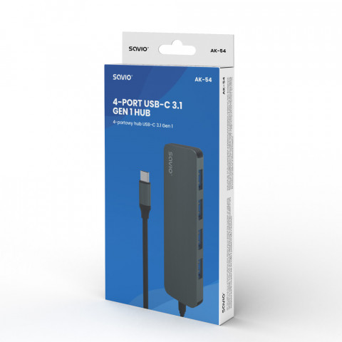 SAVIO AK-54 HUB USB-C - 4 X USB-A, SZARY - Galeria zdjęcie 3