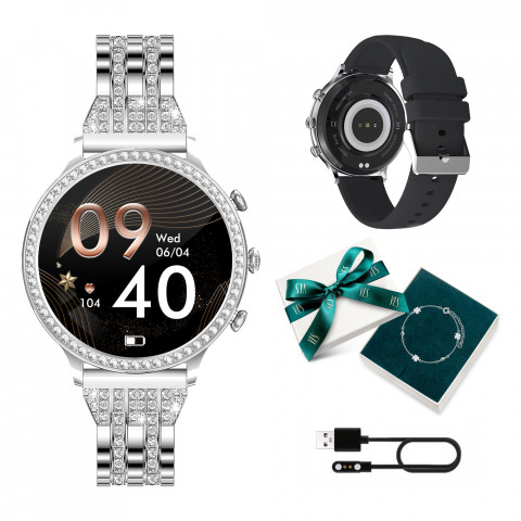 Smartwatch damski Manta Diamond Lusso srebrny + bransoletka YES - Galeria zdjęcie 3